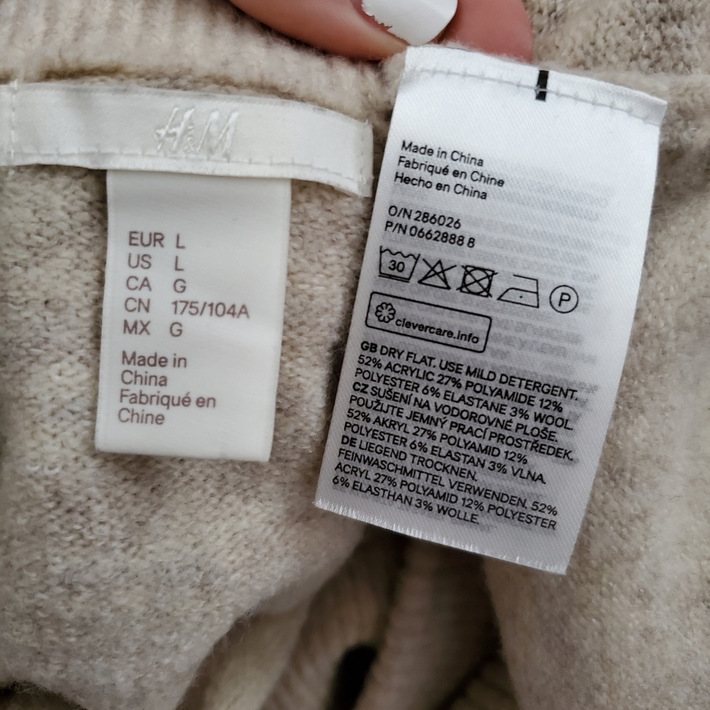 H&M off the shoulder knit sweater wool blend beige oatmeal balloon sleeve large - Picture 4 of 7